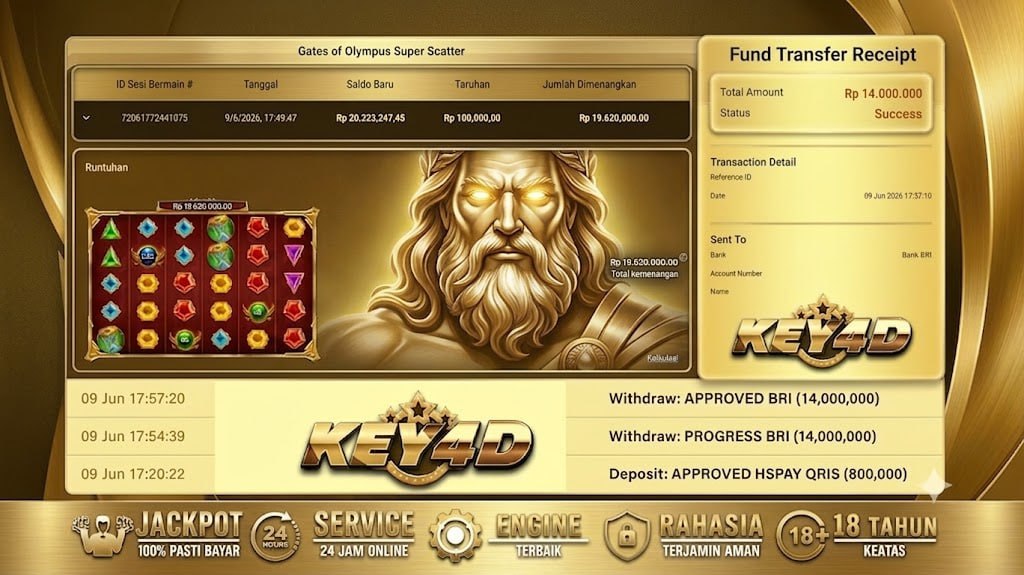 SELAMAT KEPADA MEMBER KEY4D
DEPOSIT : RP 800.000
WITHDRAW : RP 14.000.000
LINK D